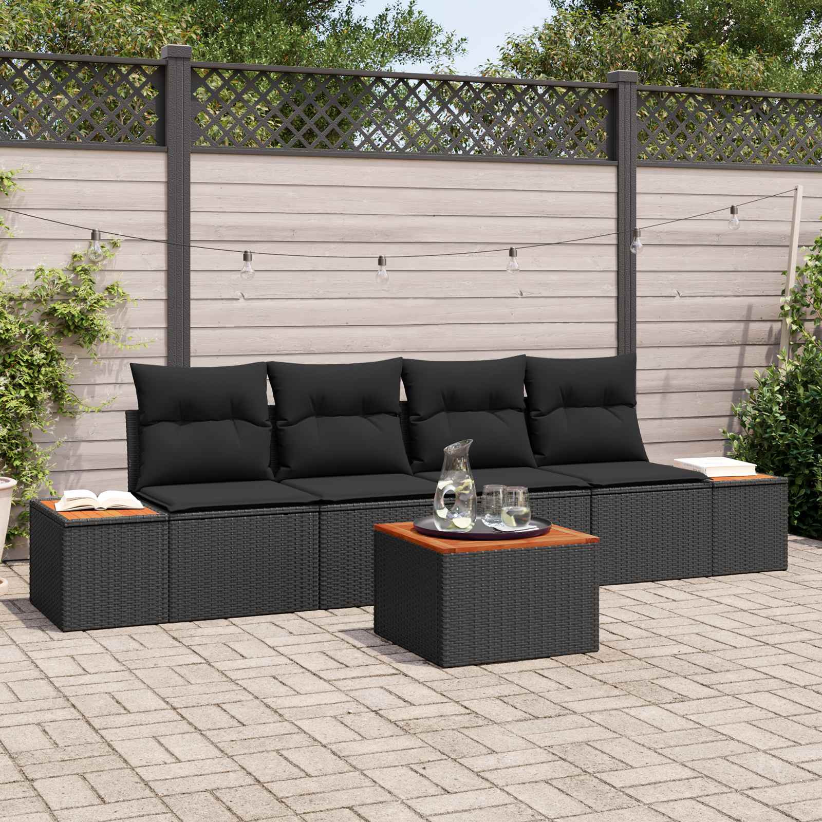 Set Divano da Giardino 5 pz Nero Poly Rattan