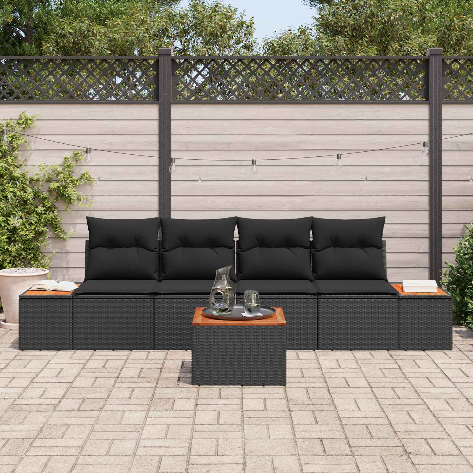 Set Divano da Giardino 5 pz Nero Poly Rattan