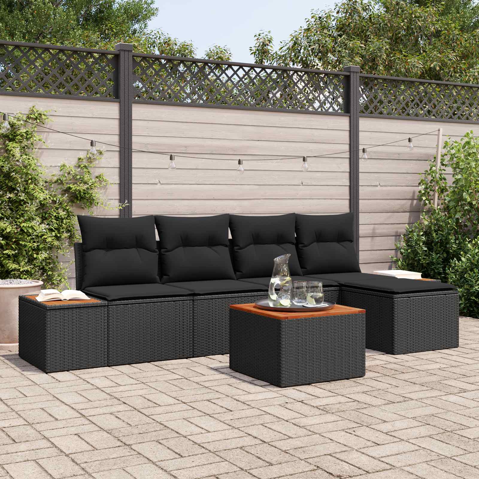 Set Divano da Giardino 6 pz 5-Numero di posti Nero Polyrattan