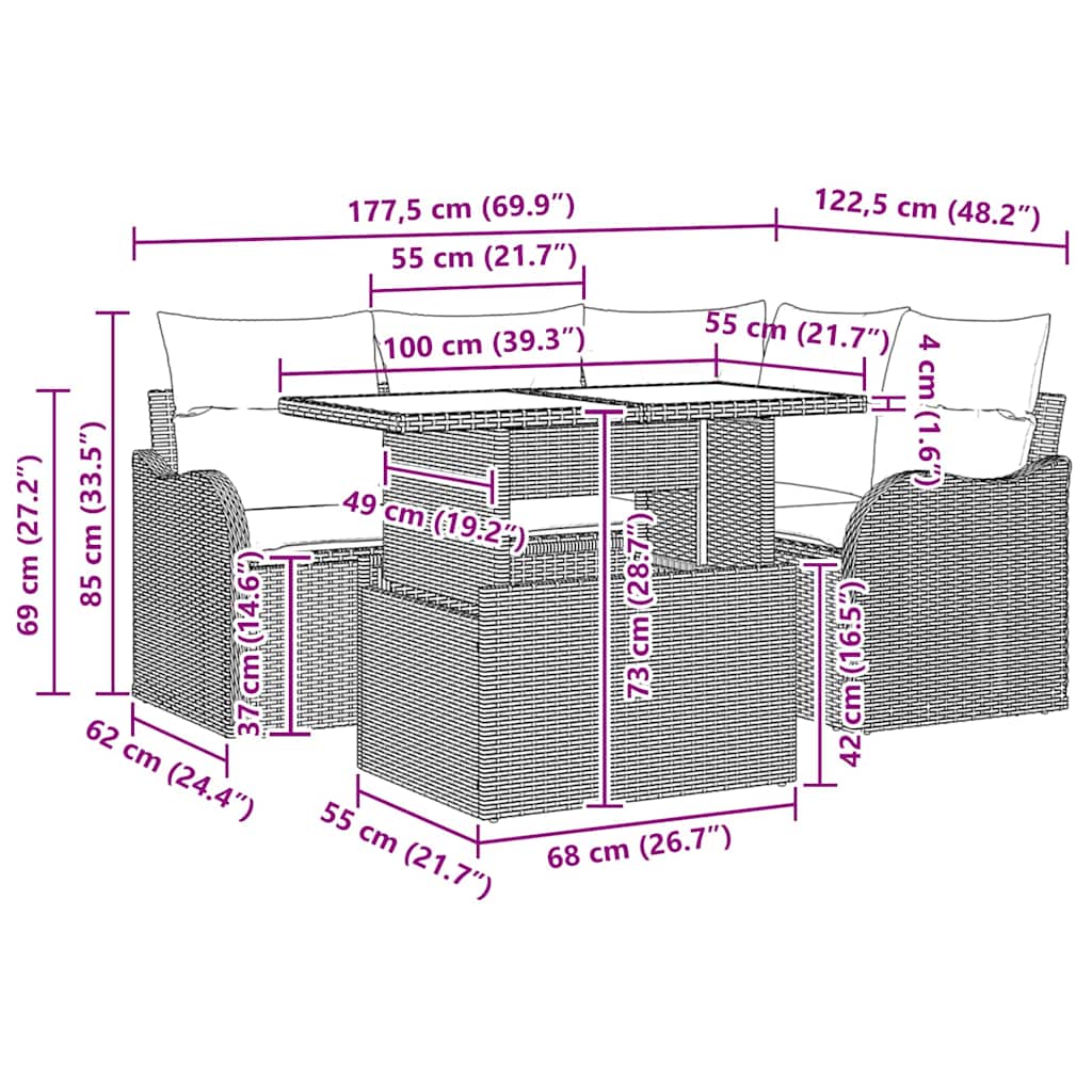 Set Divano da Giardino 5 pz Grigio Rattan in Polipropilene