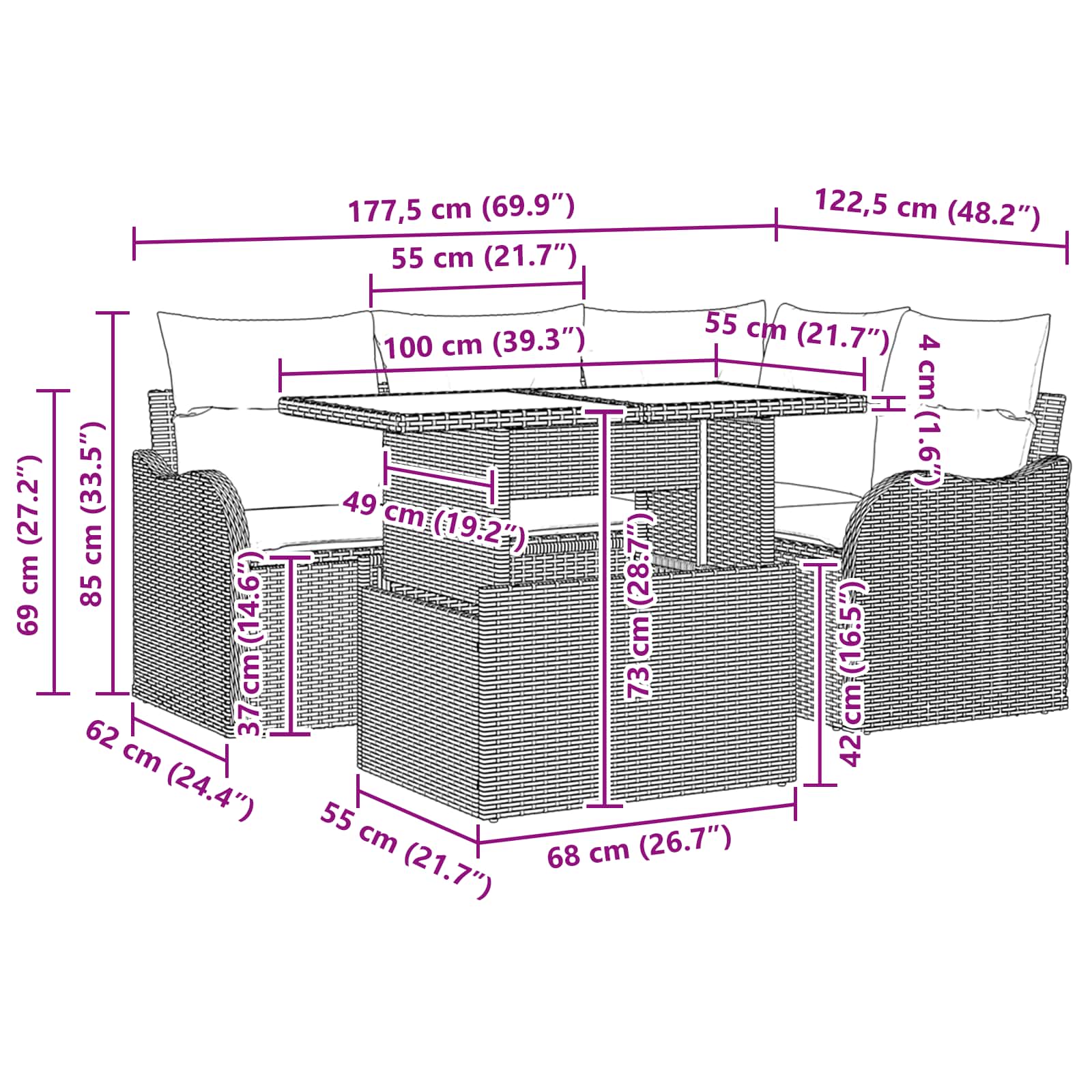 Set Divano da Giardino 5 pz 4-Numero di posti Nero Poly Rattan