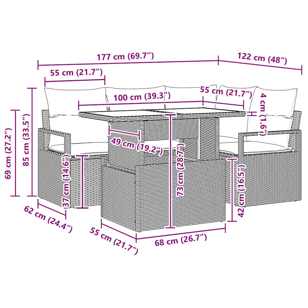 Set Divano da Giardino 5 pz Nero Poly Rattan