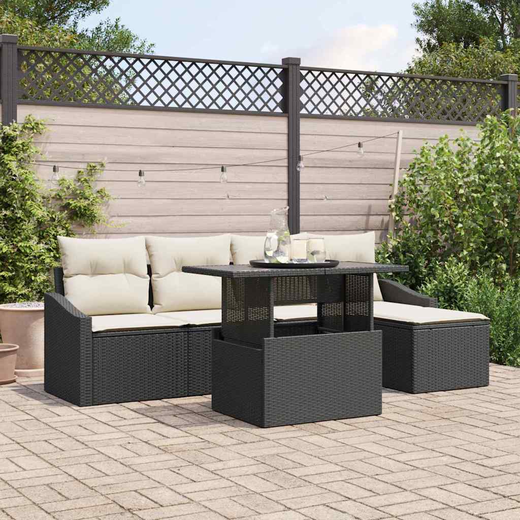 Set Divano da Giardino 6 pz Nero e Crema polyrattan