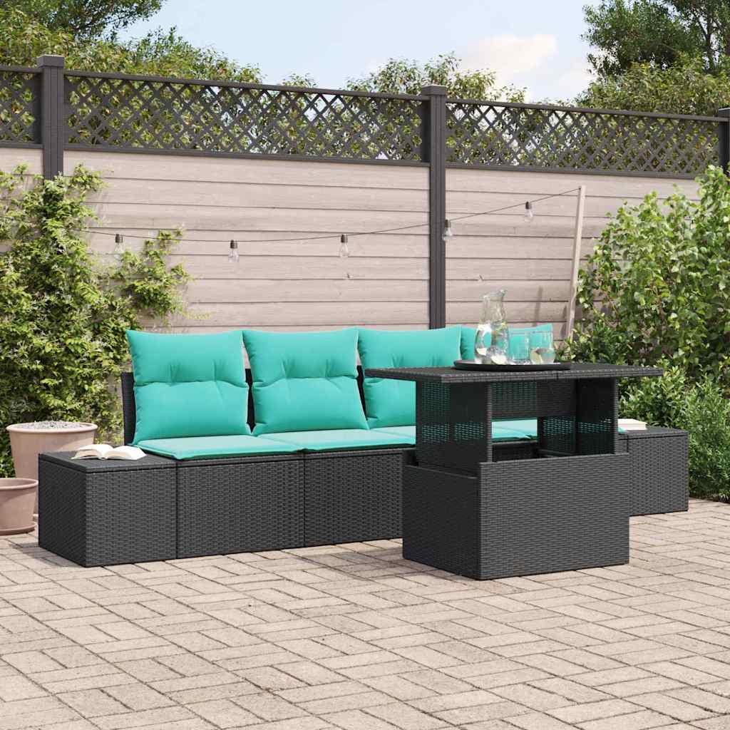 Set Divano da Giardino 5 pz 4-Numero di posti Nero e Turchese