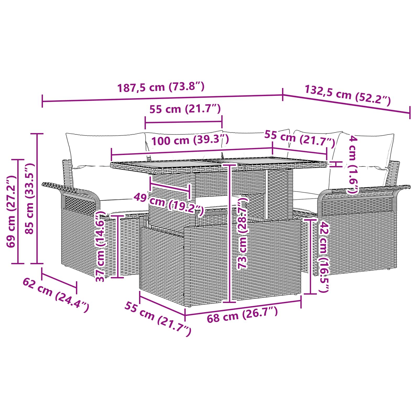 Set Divano da Giardino 5 pz Grigio Poly Rattan