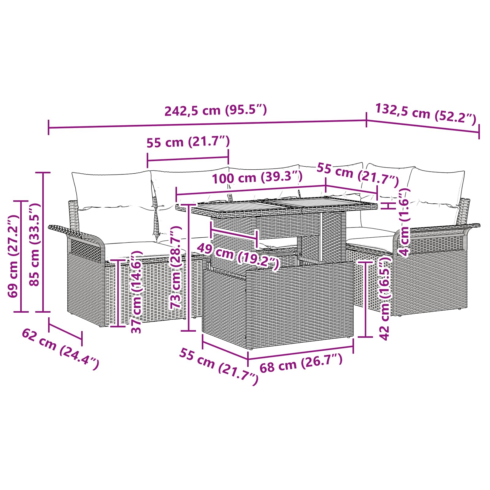 Set Divano da Giardino 6 pz Nero Poly Rattan