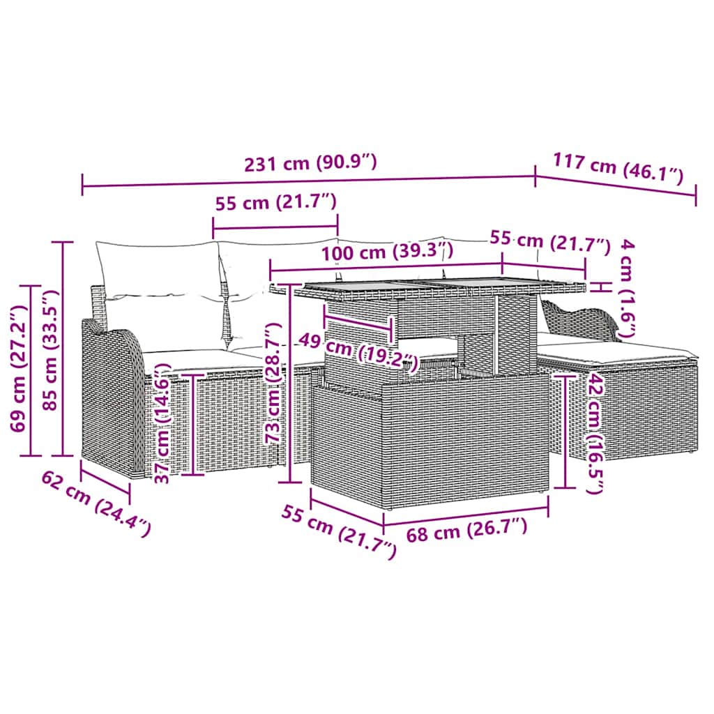 Set Divano da Giardino 6 pz Nero Poly Rattan