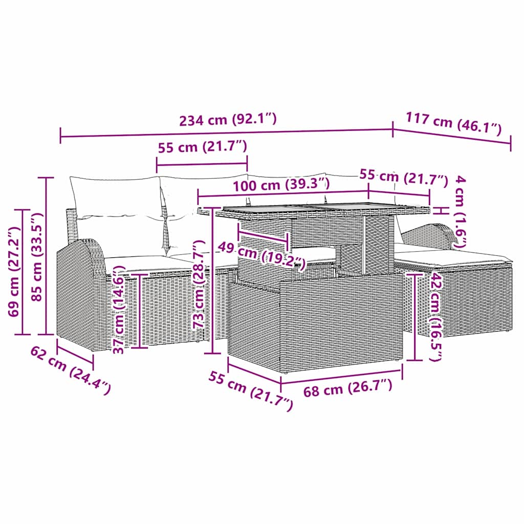 Set Divano da Giardino 6 pz Grigio Poly Rattan