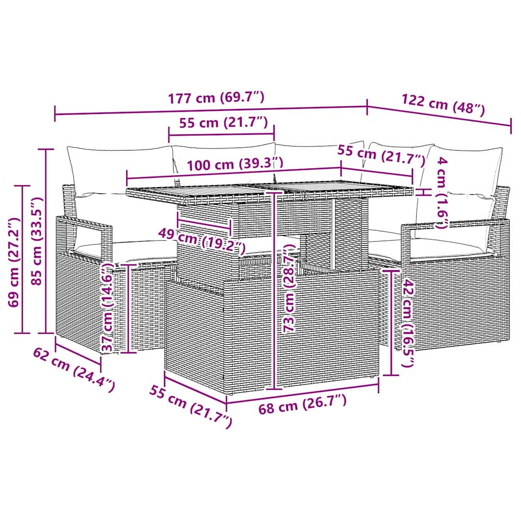 Set Divano da Giardino 5 pz Nero Poly Rattan