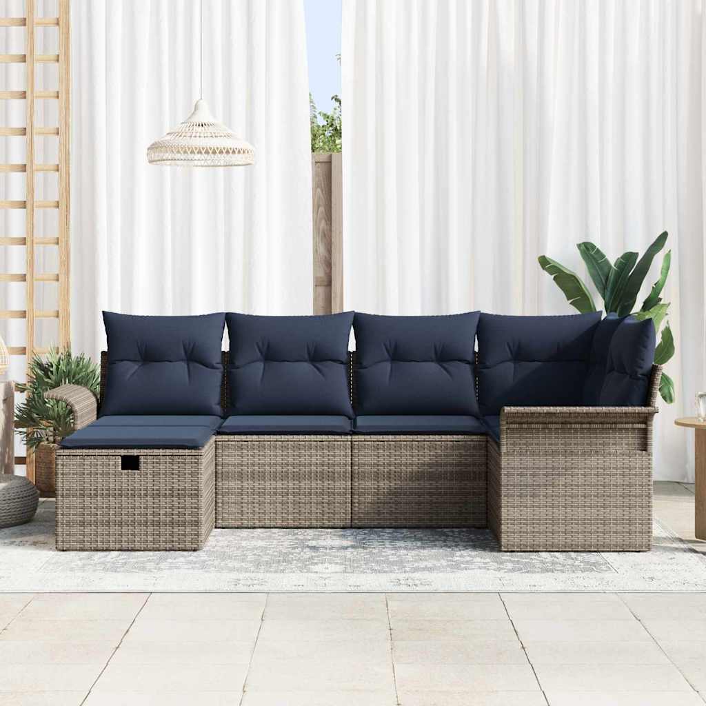 Set Divano da Giardino 6 pz Grigio e Blu Navy polyrattan