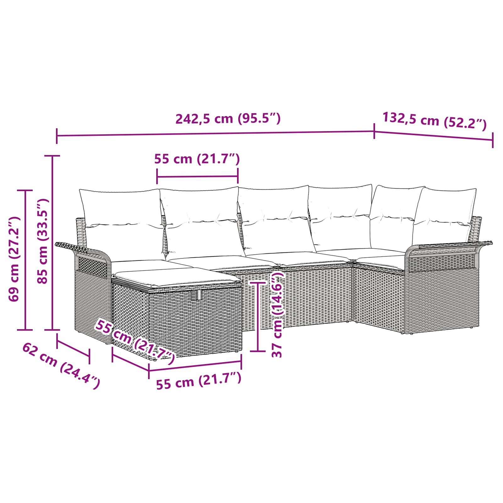 Set Divano da Giardino 6 pz Nero e Turchese polyrattan