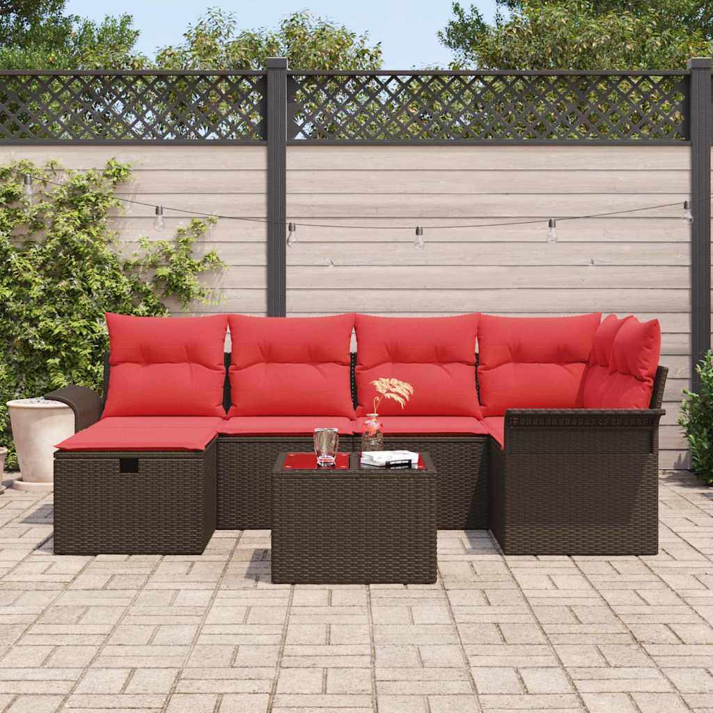 Set Divano da Giardino 7 pz Marrone e Rosso polyrattan