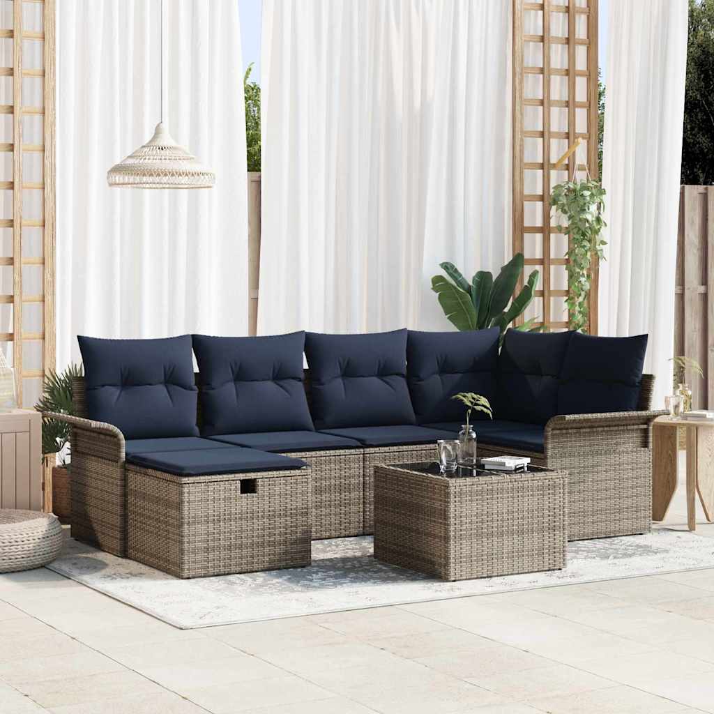 Set Divano da Giardino 7 pz Grigio e Blu Navy polyrattan