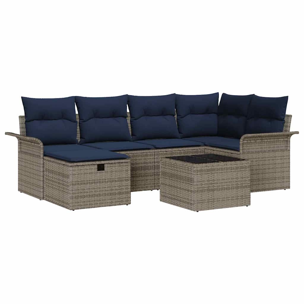 Set Divano da Giardino 7 pz Grigio e Blu Navy polyrattan