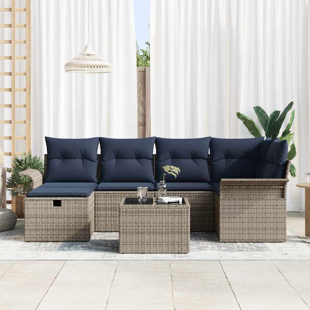 Set Divano da Giardino 7 pz Grigio e Blu Navy polyrattan