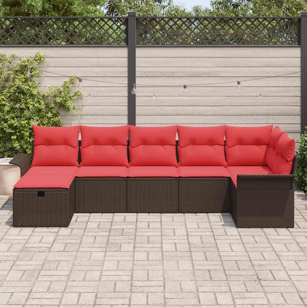 Set Divano da Giardino 7 pz Marrone e Rosso polyrattan