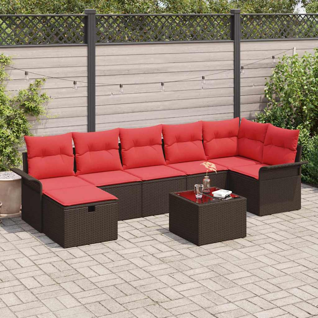 Set Divano da Giardino 8 pz Marrone e Rosso polyrattan