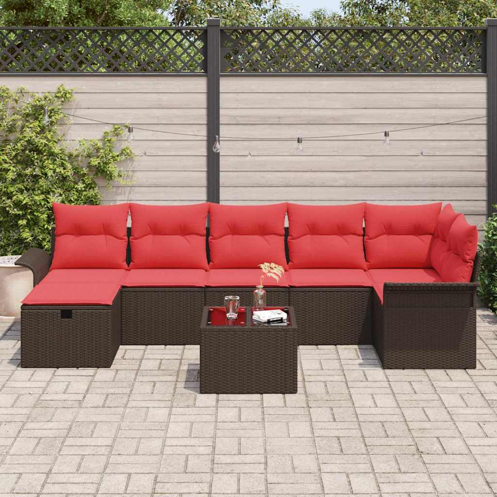 Set Divano da Giardino 8 pz Marrone e Rosso polyrattan