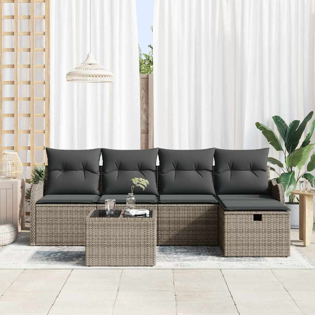 Set Divano da Giardino 6 pz 4-Numero di posti Grigio polyrattan