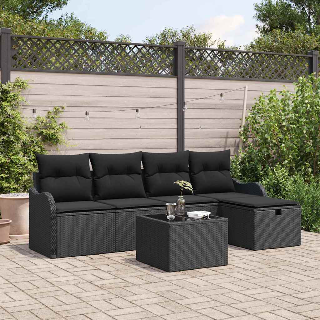 Set Divano da Giardino 6 pz 4-Numero di posti Nero polyrattan