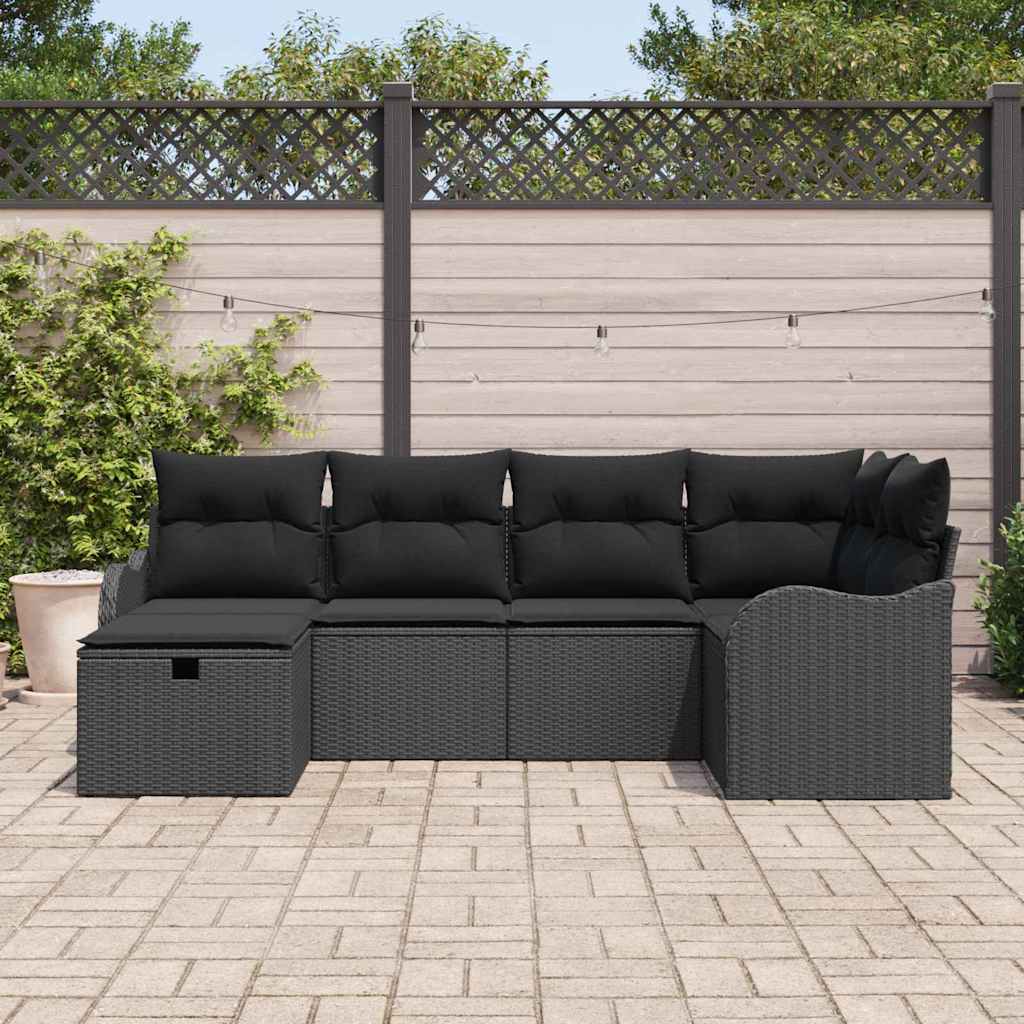 Set Divano da Giardino 6 pz 6-Numero di posti Nero polyrattan
