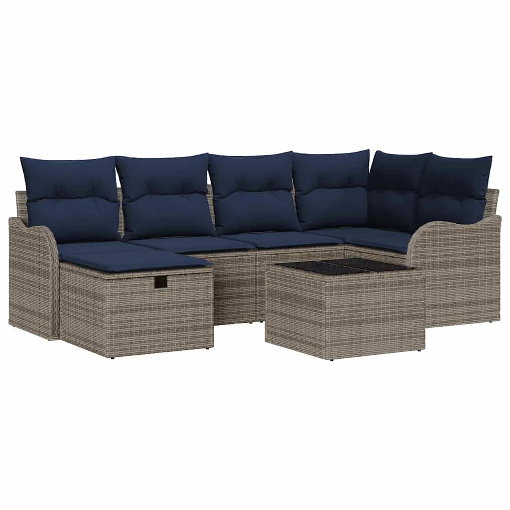 Set Divano da Giardino 7 pz Grigio e Blu Navy polyrattan