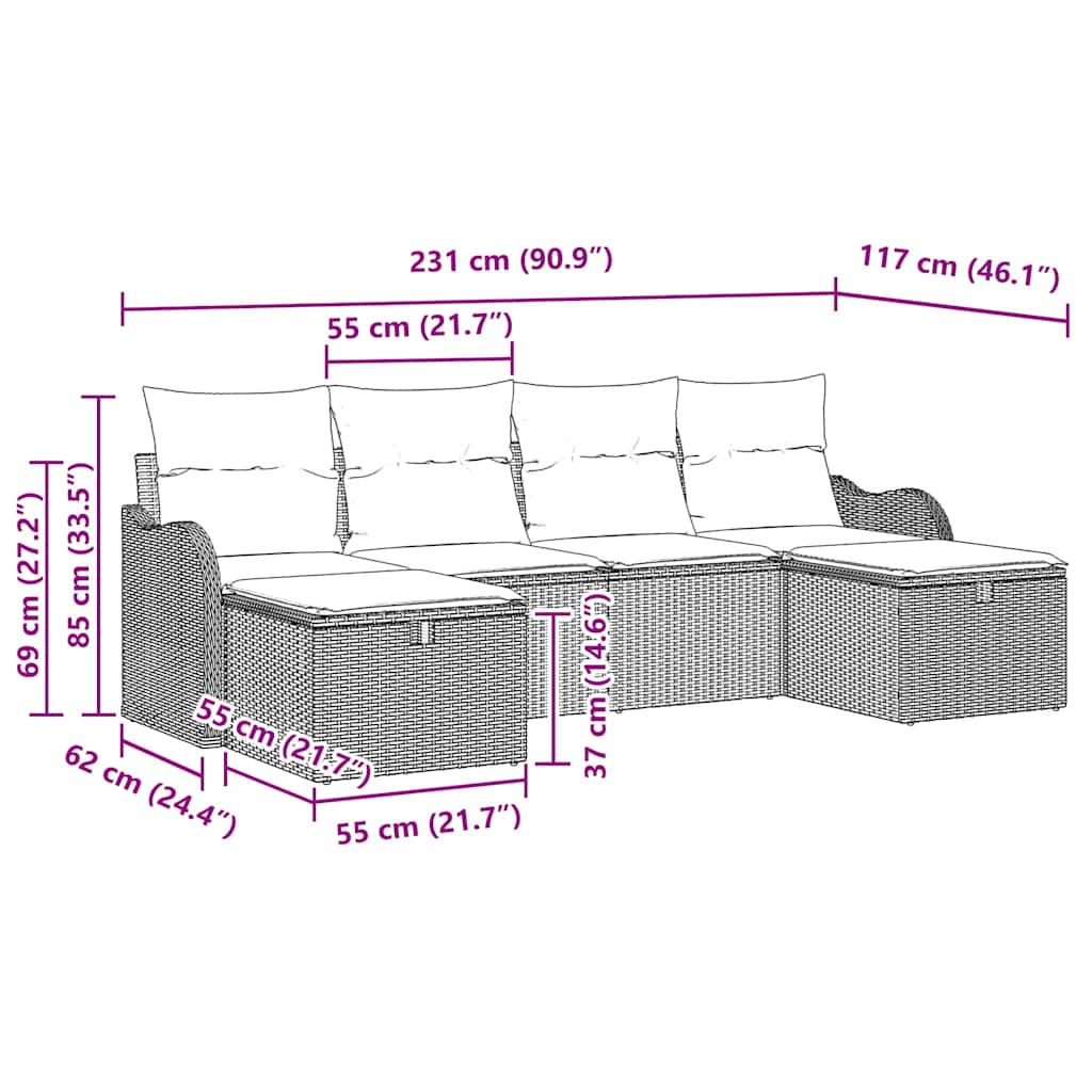 Set di divani 6 pz 6-Numero di posti Grigio chiaro polyrattan