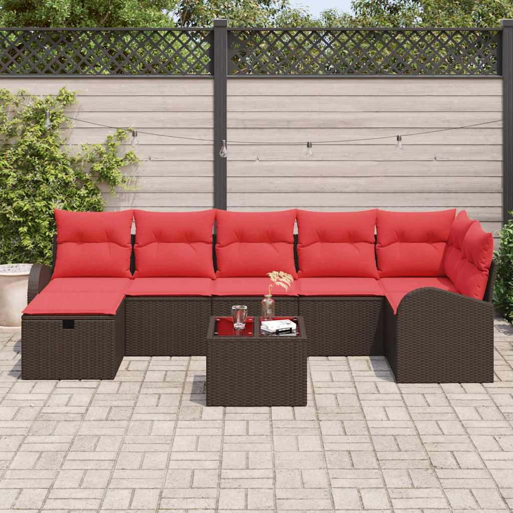 Set di divani 8 pz 7-Numero di posti Marrone e Rosso polyrattan