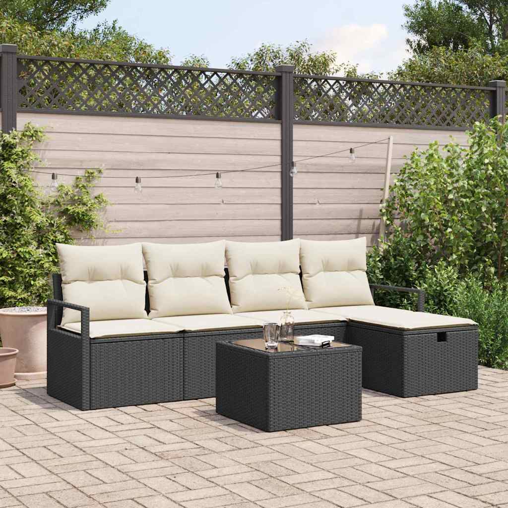 Set di divani 6 pz 5-Numero di posti Nero e Crema polyrattan