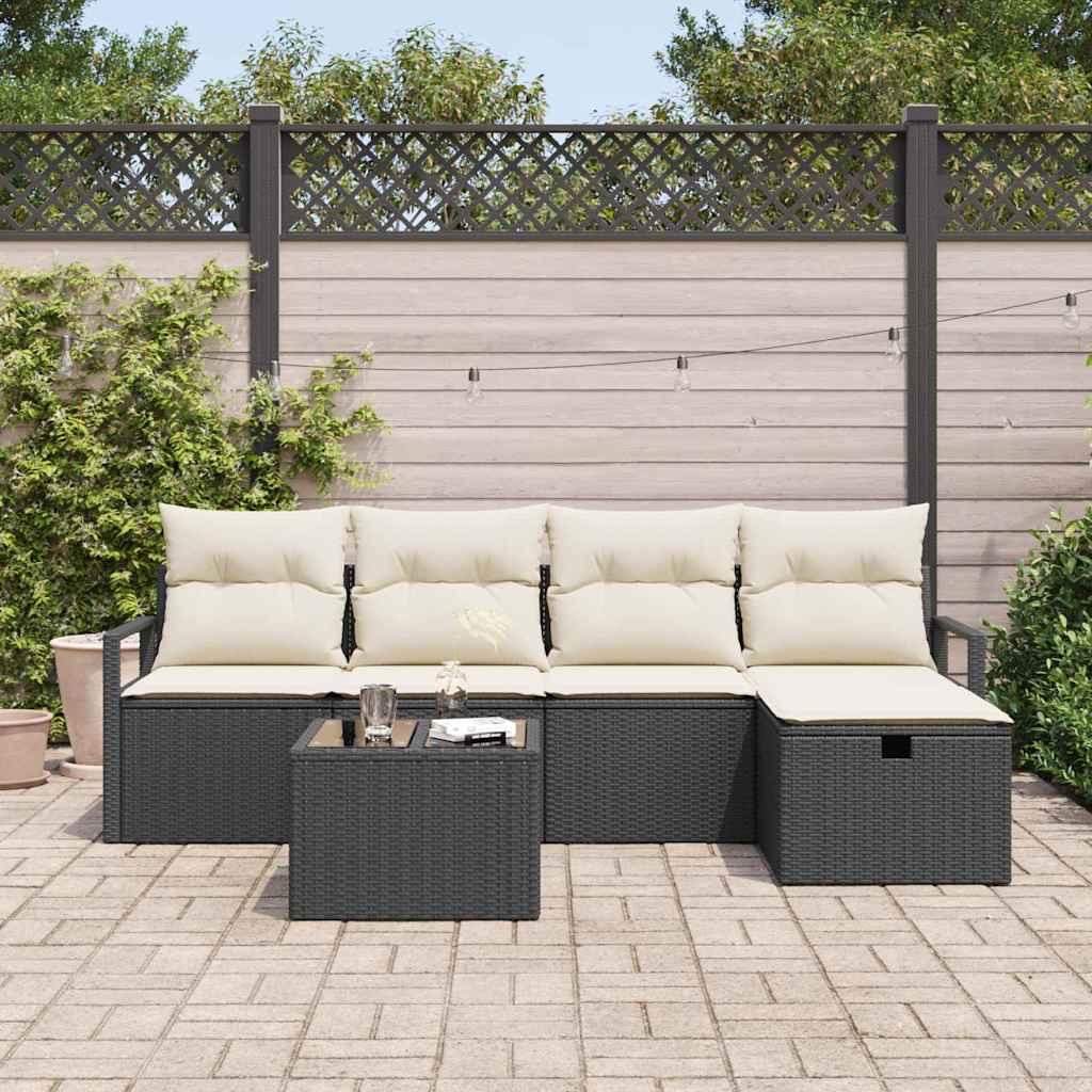 Set di divani 6 pz 5-Numero di posti Nero e Crema polyrattan
