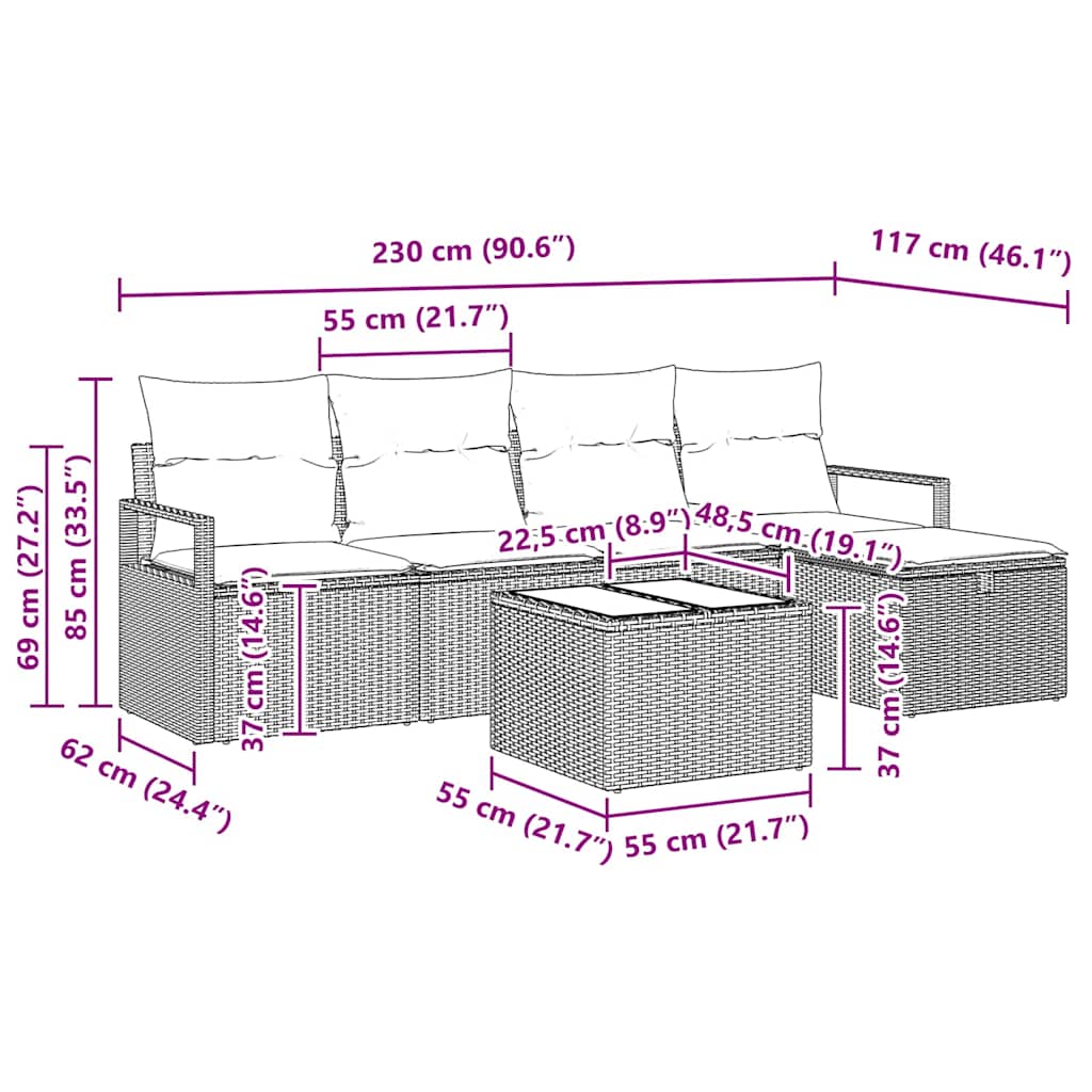 Set di divani 6 pz 5-Numero di posti Nero polyrattan