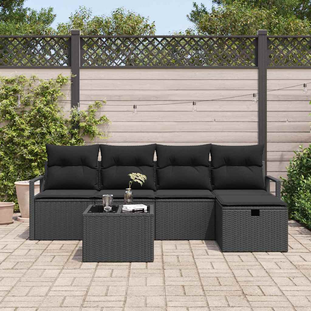 Set di divani 6 pz 5-Numero di posti Nero polyrattan