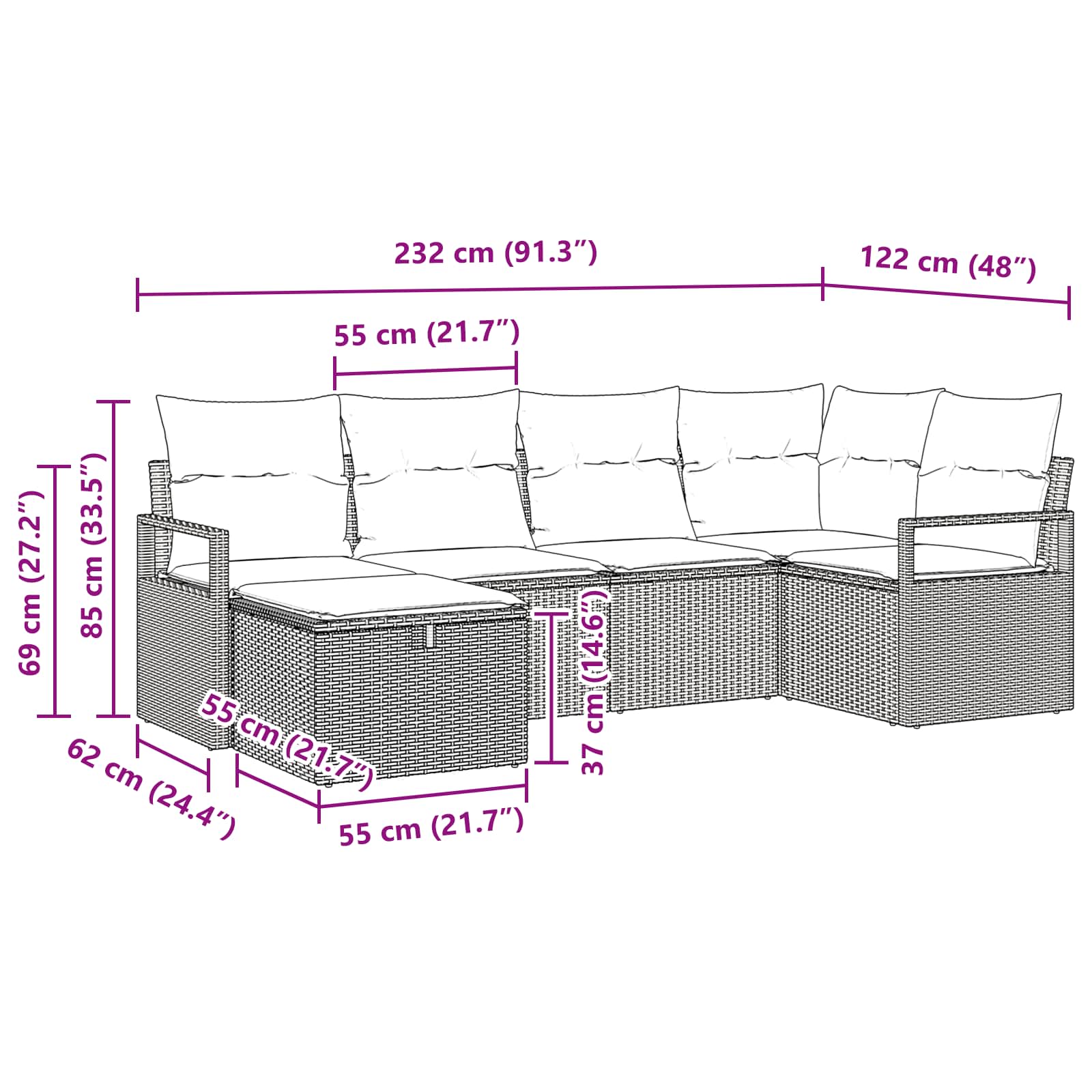 Set di divani 6 pz 6-Numero di posti Nero e Turchese polyrattan