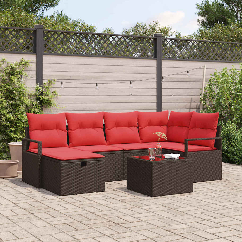 Set di divani 7 pz 6-Numero di posti Marrone e Rosso polyrattan