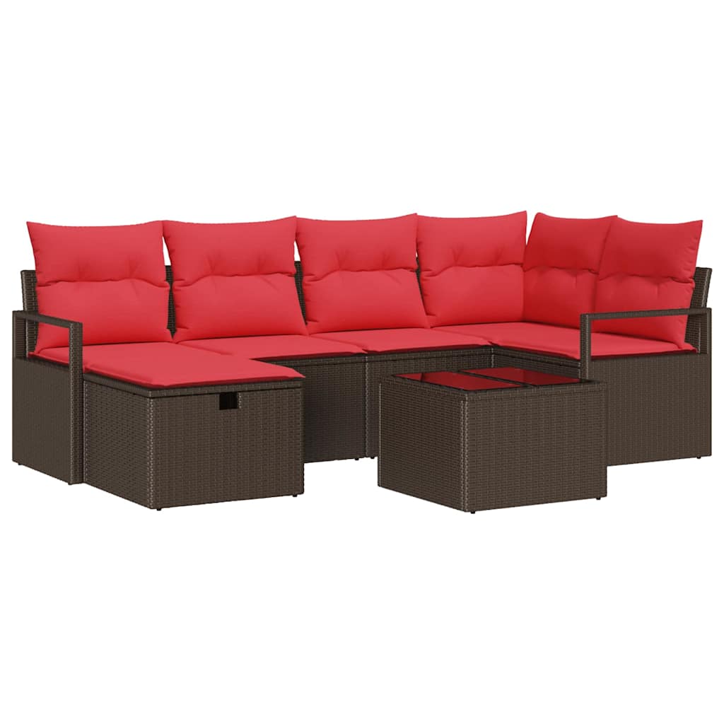 Set di divani 7 pz 6-Numero di posti Marrone e Rosso polyrattan