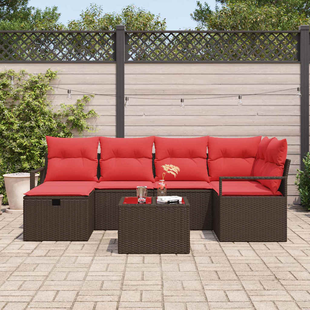 Set di divani 7 pz 6-Numero di posti Marrone e Rosso polyrattan