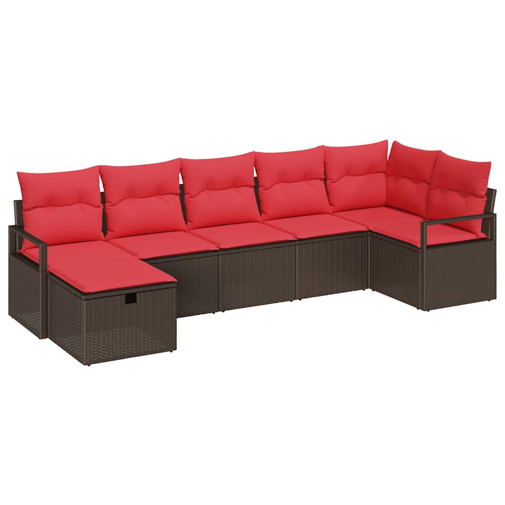 Set di divani 7 pz 7-Numero di posti Marrone e Rosso polyrattan