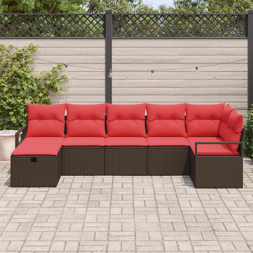 Set di divani 7 pz 7-Numero di posti Marrone e Rosso polyrattan