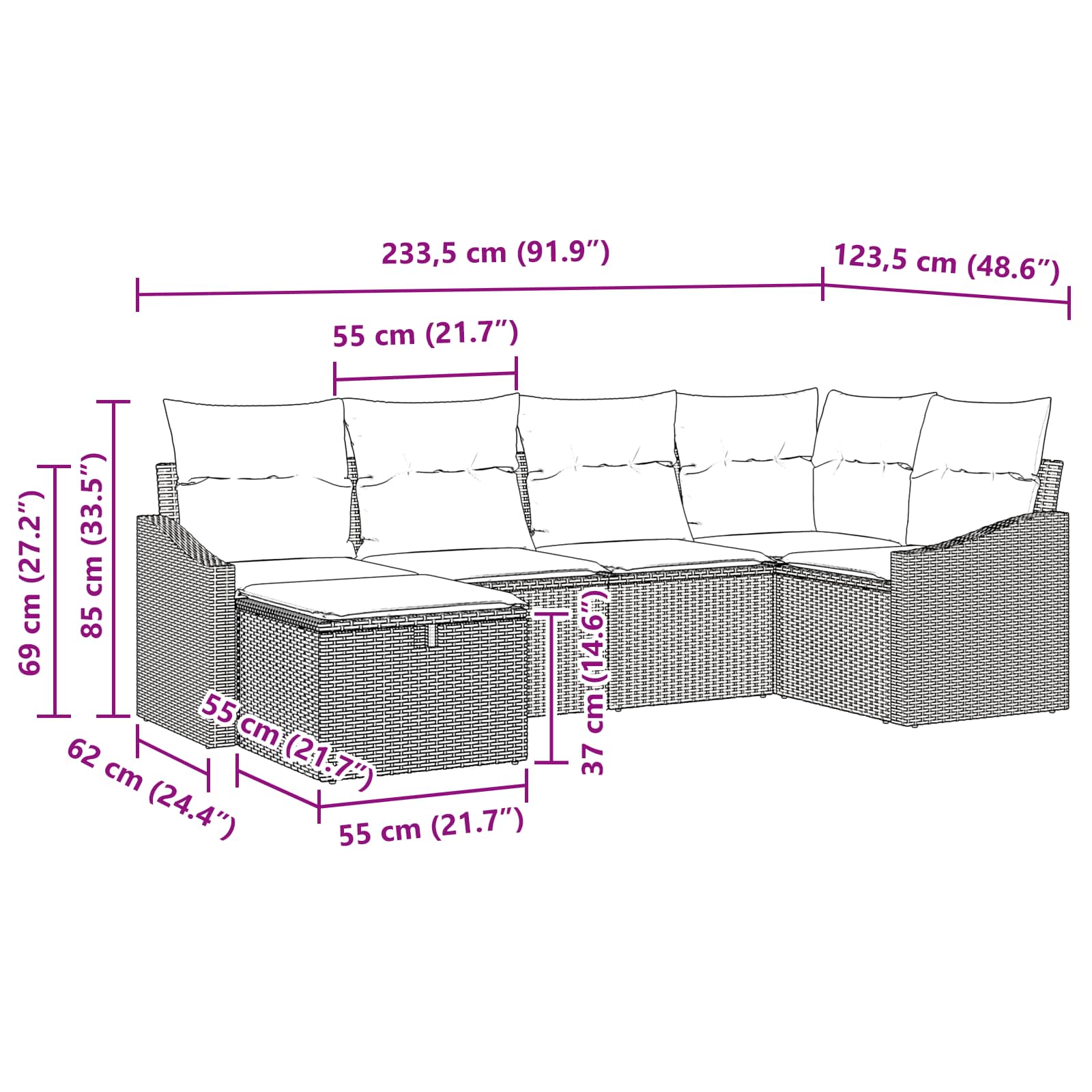 Set di divani 6 pz Nero polyrattan