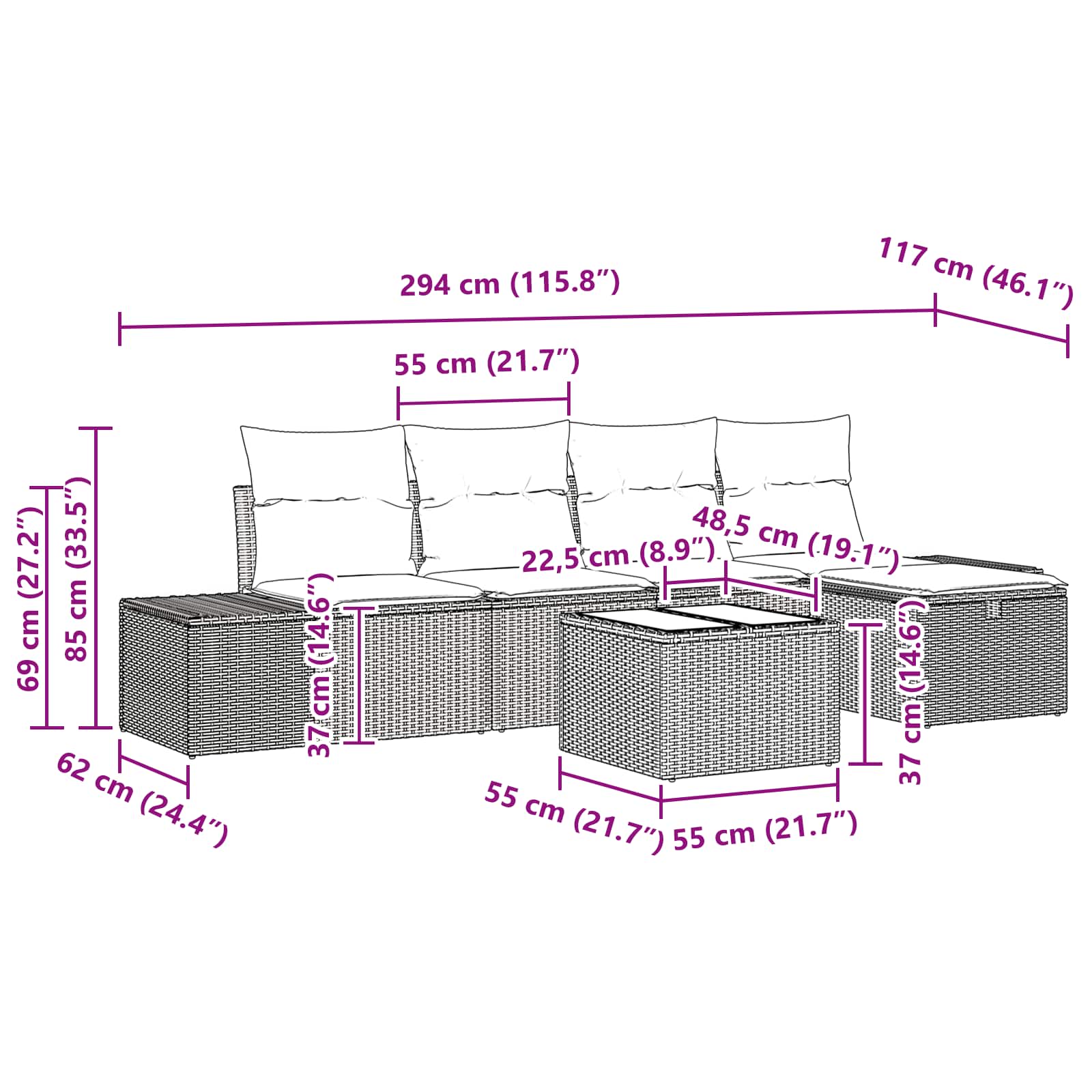 Set Divano da Giardino 6 pz Nero polyrattan
