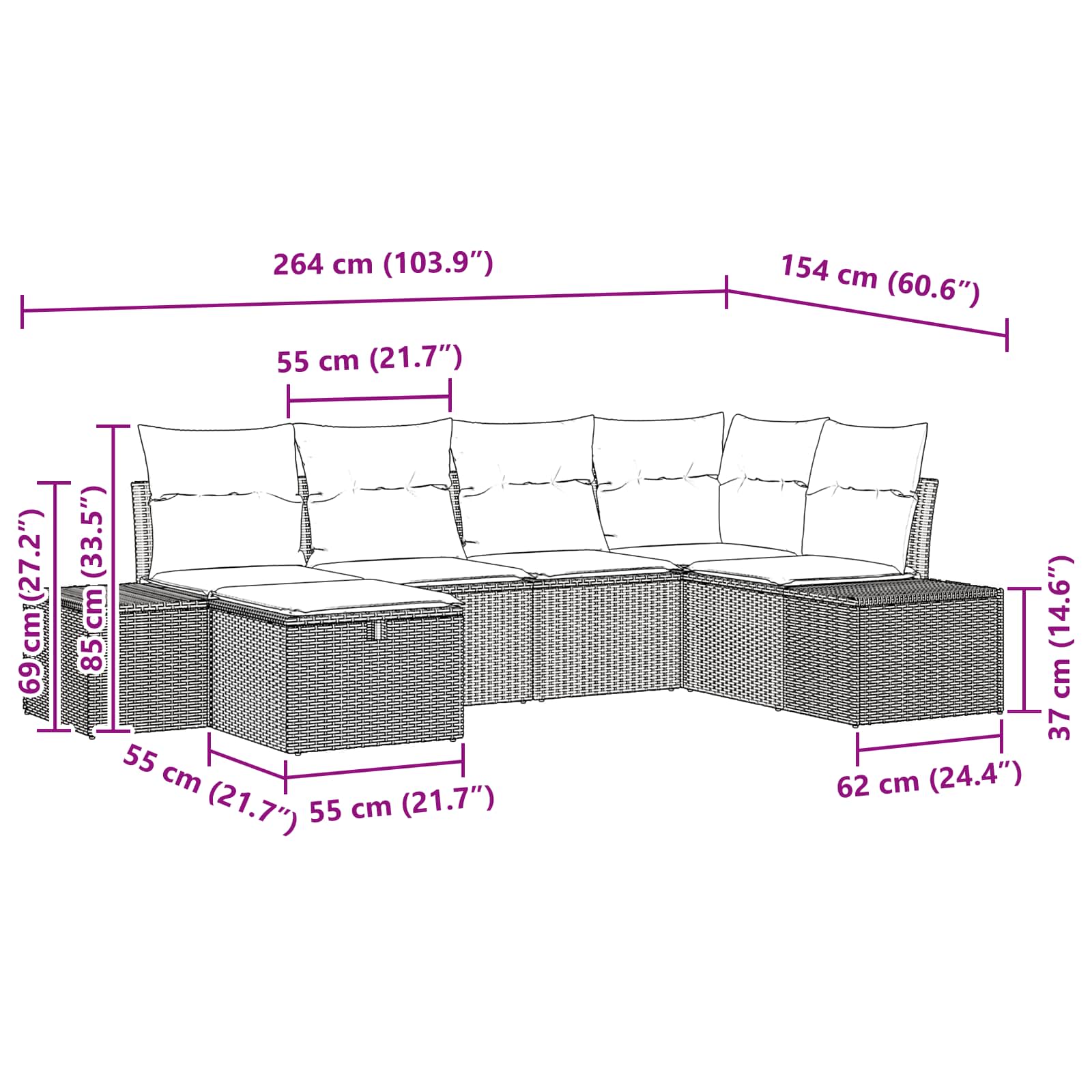 Set Divano da Giardino 6 pz Nero polyrattan
