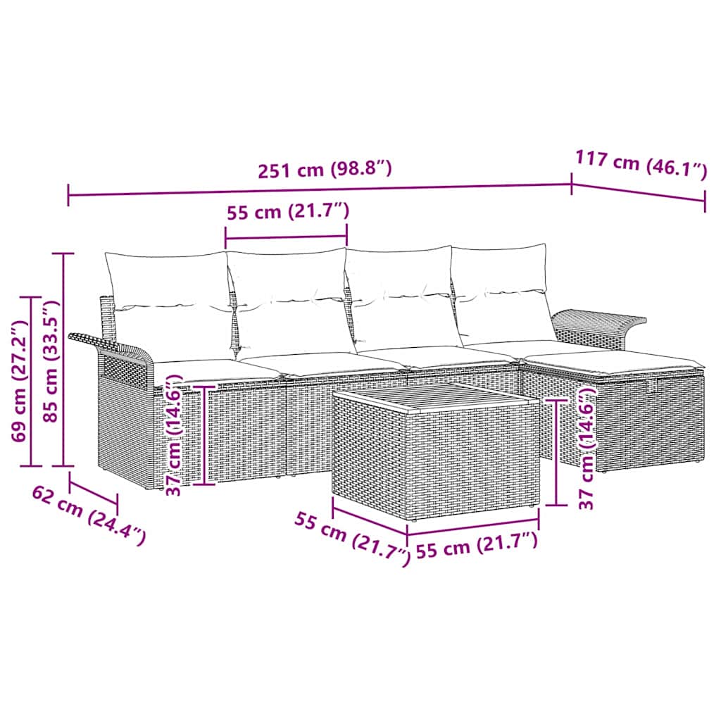Set Divano da Giardino 6 pz Beige polyrattan