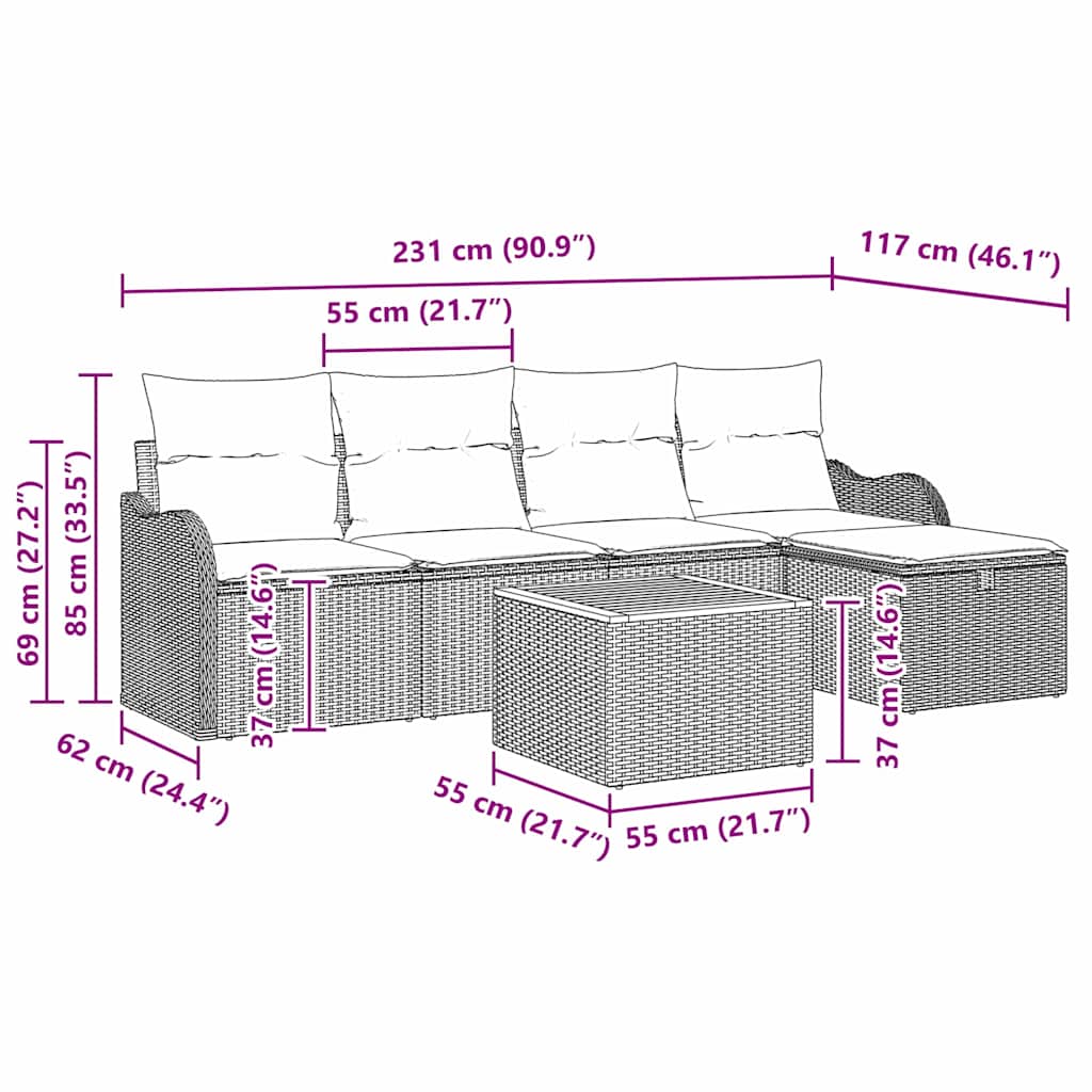 Set Divano da Giardino 6 pz Grigio polyrattan