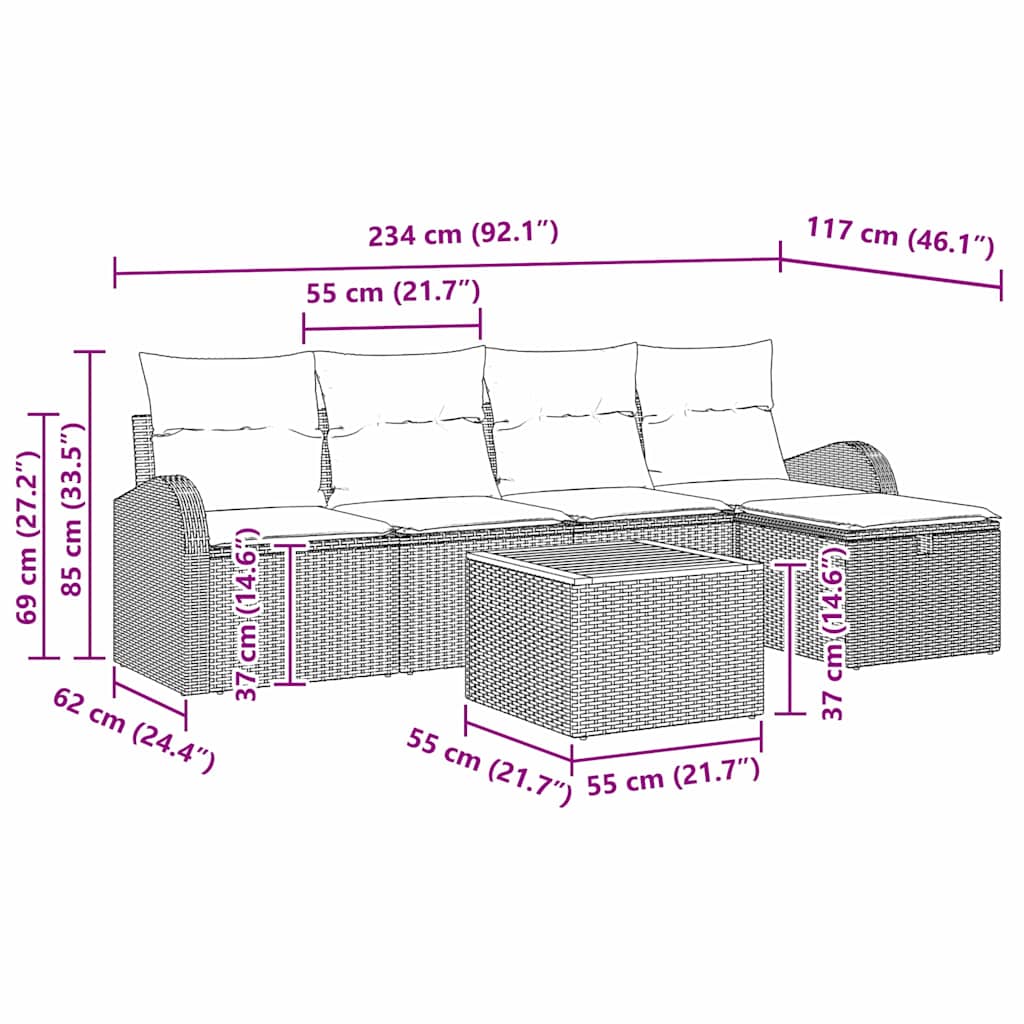 Set Divano da Giardino 6 pz Grigio polyrattan