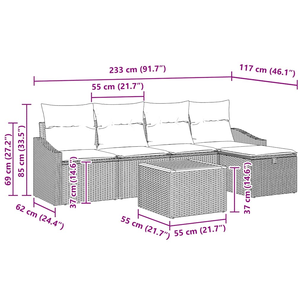 Set Divano da Giardino 6 pz Grigio polyrattan