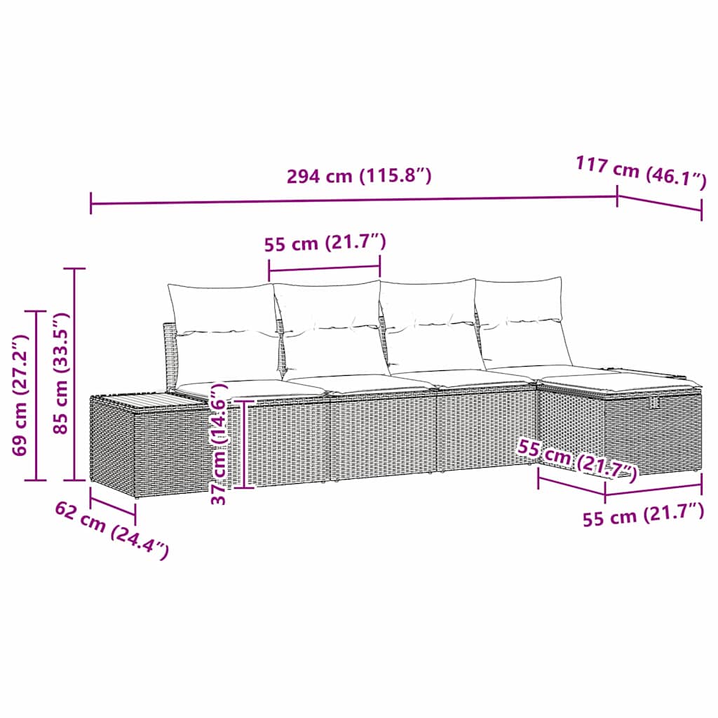 Set Divano da Giardino 5 pz Grigio polyrattan