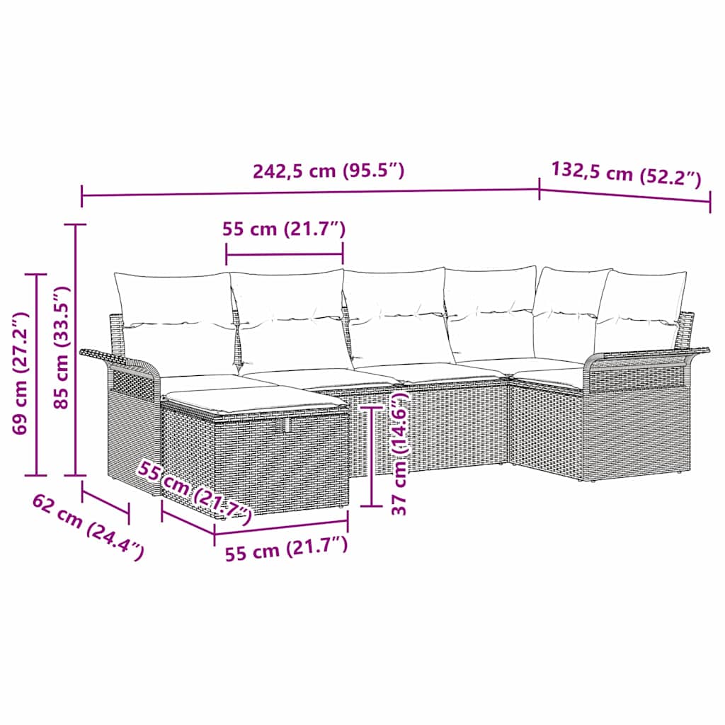 Set Divano da Giardino 6 pz Poly Rattan