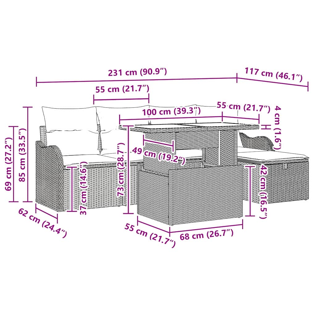 Set Divano da Giardino 6 pz Nero polyrattan