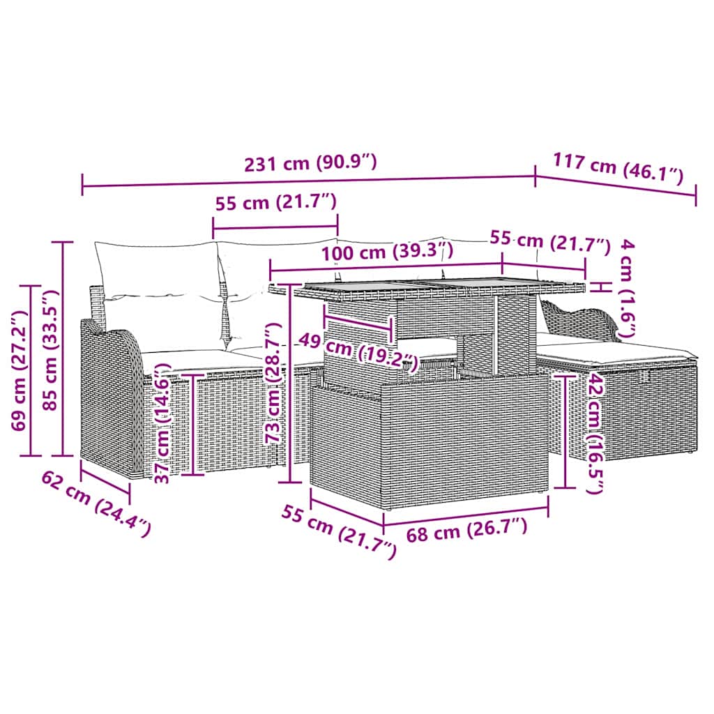 Set Divano da Giardino 6 pz Nero polyrattan