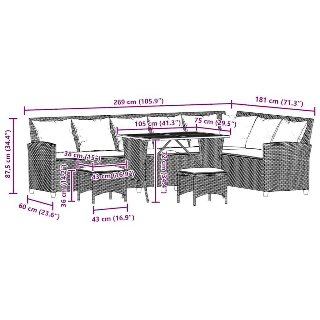Set Divani da Giardino 4 pz con Cuscini Forma L Polyrattan Nero